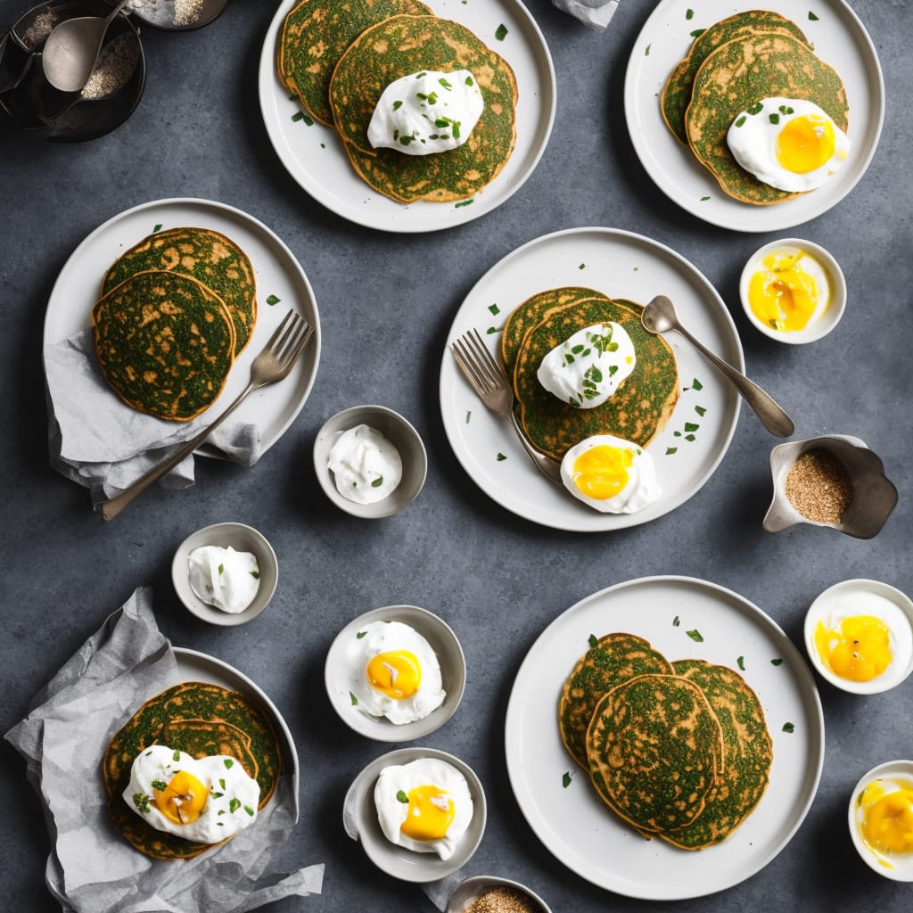 Spinach Pancakes with Harissa Yogurt & Poached Eggs