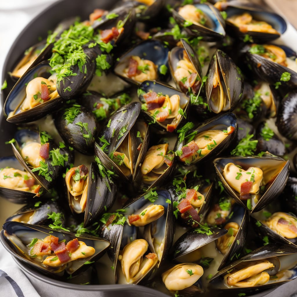 Steamed Mussels with Leeks, Thyme & Bacon