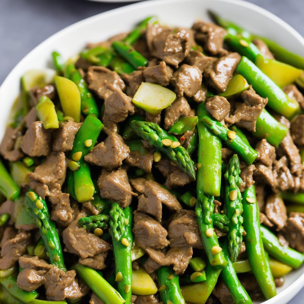 Stir-fry green curry beef with asparagus & sugar snaps