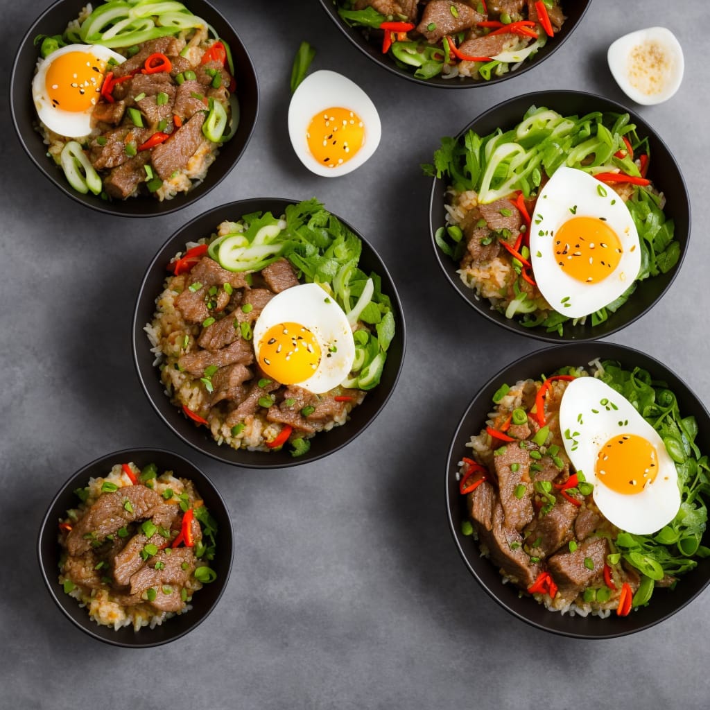 Sushi Rice Bowl with Beef, Egg & Chilli Sauce