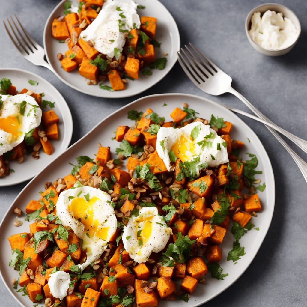 Sweet Potato & Sprout Hash with Poached Eggs