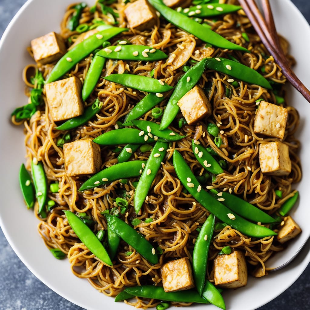 Tofu with Stir-Fried Noodles, Pak Choi & Sugar Snap Peas