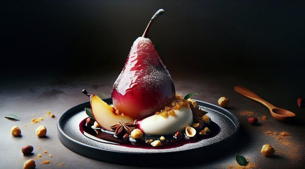Vanilla Poached Pears with Almond Butter Porridge Topping