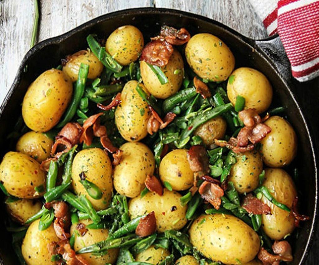 Warm new potatoes with cured ham & chives