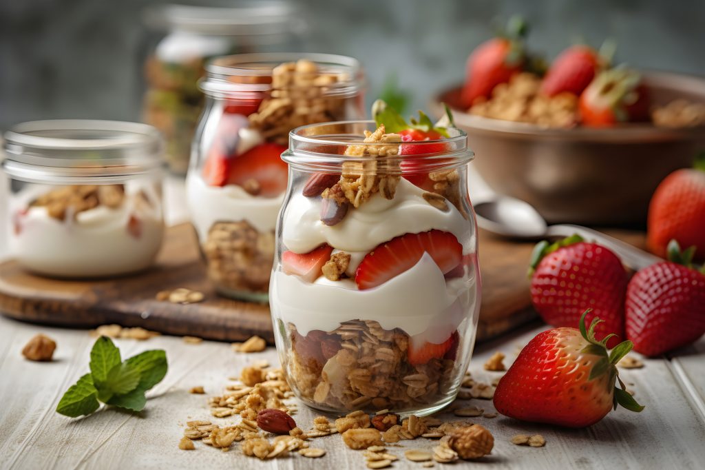 Healthy breakfast of strawberry parfaits made with fresh fruit, yogurt and granola over a rustic table