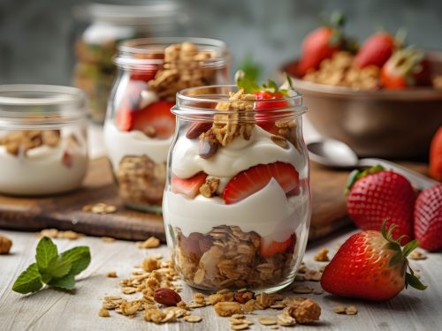 Healthy breakfast of strawberry parfaits made with fresh fruit, yogurt and granola over a rustic table