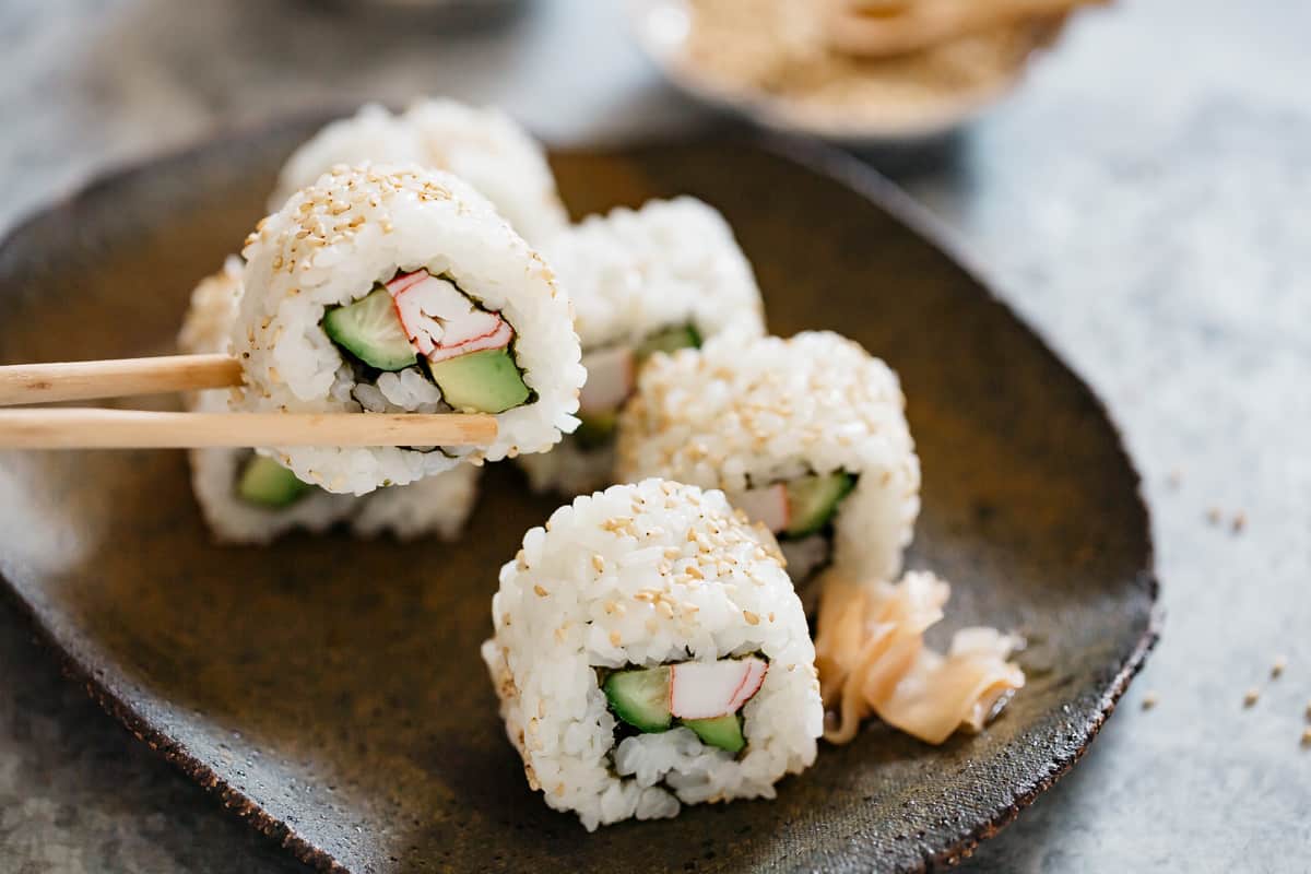how-to-make-sushi-with-the-leaf-crab-meat-and-rice-california-rolls
