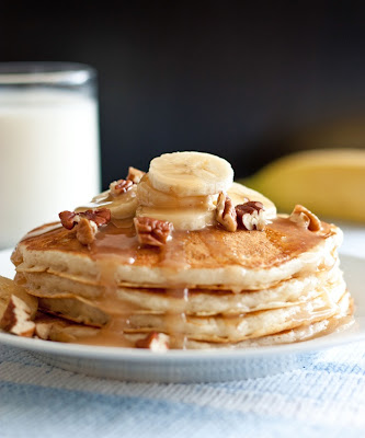 banana bread pancakes with cinnamon cream cheese syrup recipe