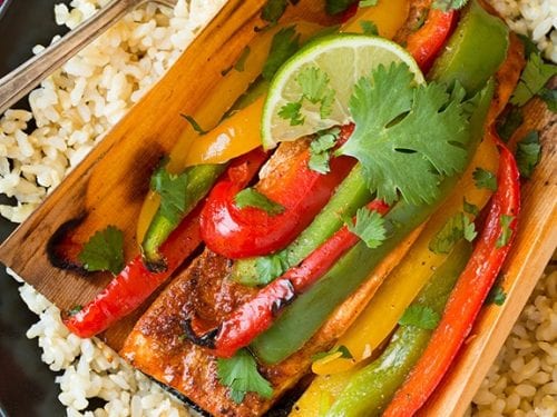 chipotle rubbed salmon with bell peppers in cedar paper recipe