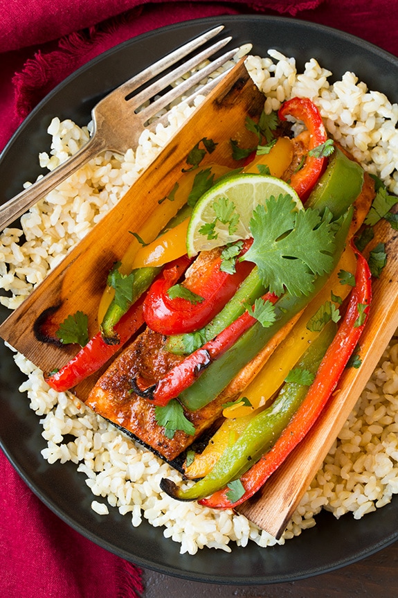chipotle rubbed salmon with bell peppers in cedar paper recipe