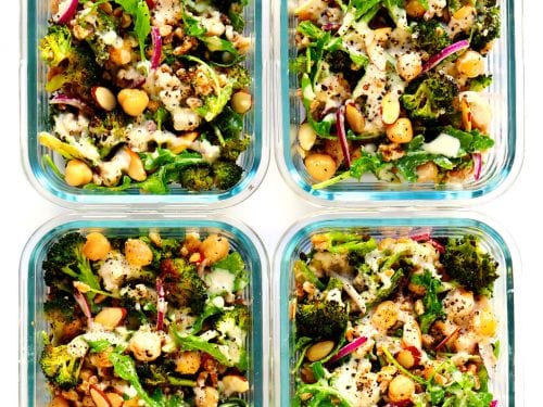 Roasted broccoli chickpea and farro bowls