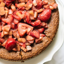 almond cake with roasted strawberries & rhubarb on top recipe