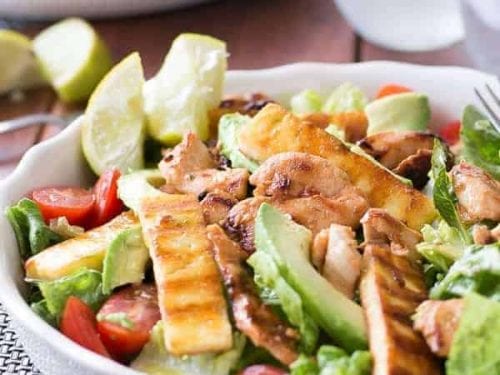 chicken, haloumi and avocado salad with lime dressing recipe
