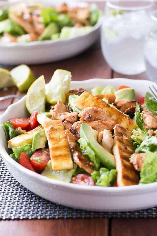 chicken, haloumi and avocado salad with lime dressing recipe