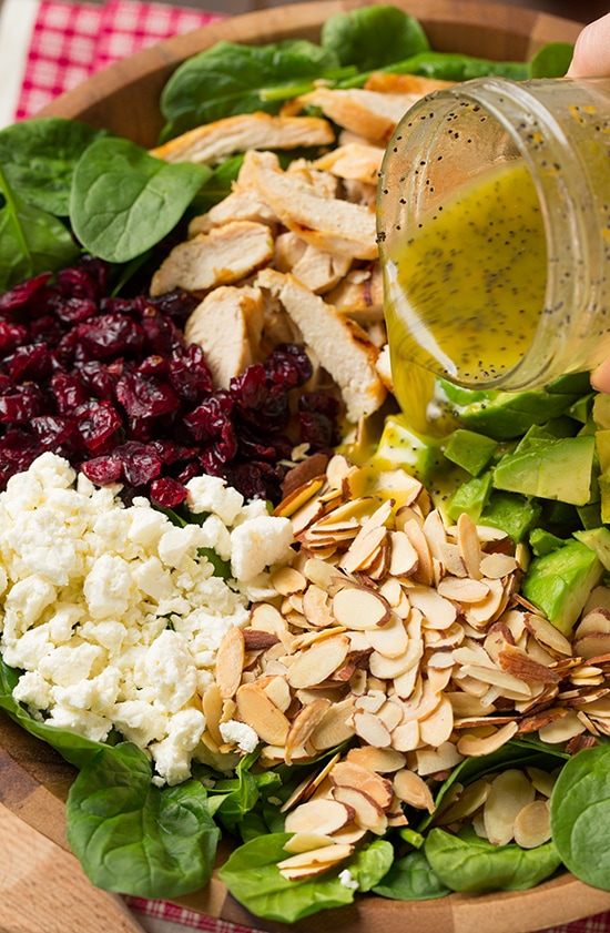 cranberry avocado spinach salad with chicken and orange poppy seed dressing recipe