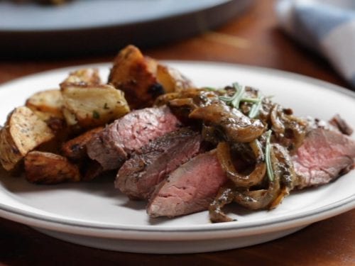 flank steak with mustardy onions and rosemary recipe