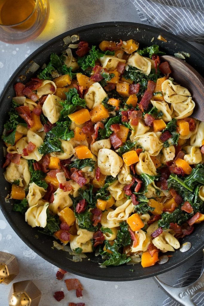 one pan creamy tortellini with butternut squash kale and bacon recipe