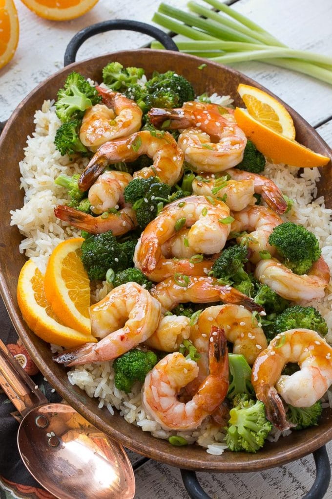 orange shrimp and broccoli with garlic sesame fried rice recipe