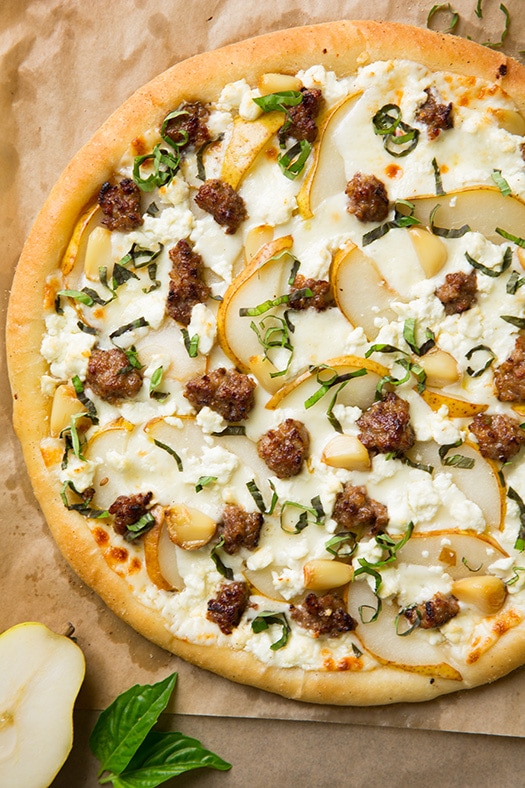 pear goat cheese and italian sausage pizza with roasted garlic and fresh basil recipe
