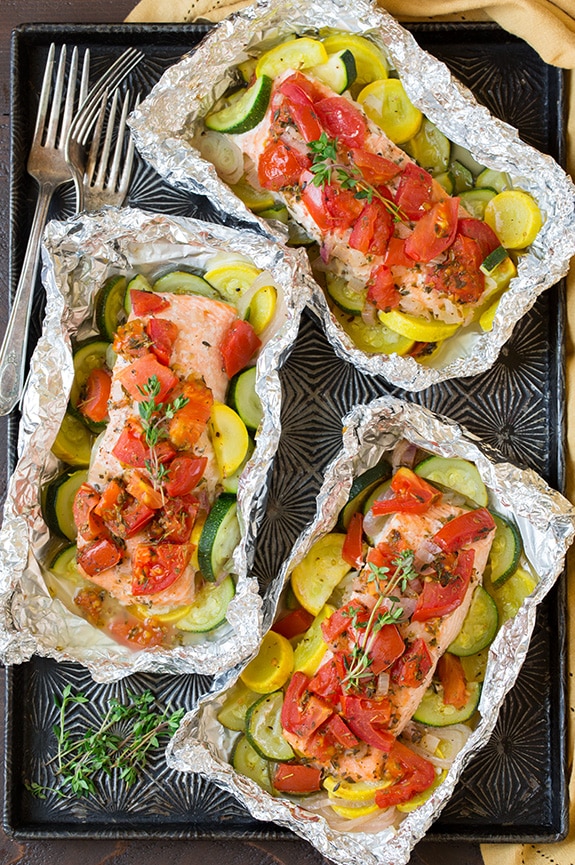 salmon and summer veggies in foil recipe