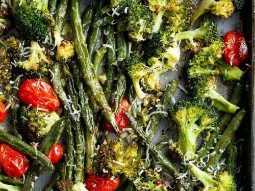 sheet pan garlic parmesan roasted broccoli & green beans recipe
