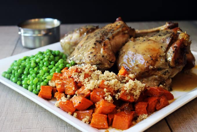 slow cooker turkey with gravy, candied sweet potatoes & green peas recipe