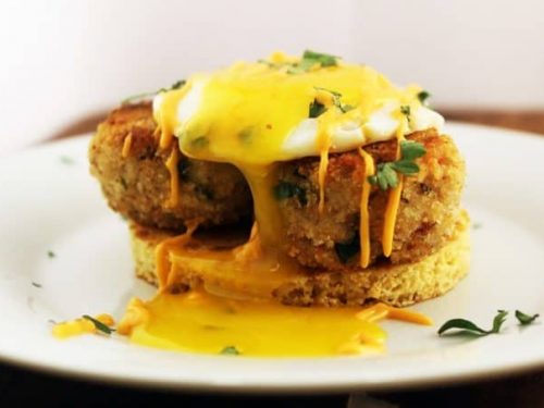 crabcake with over easy egg and cornmeal pancake recipe