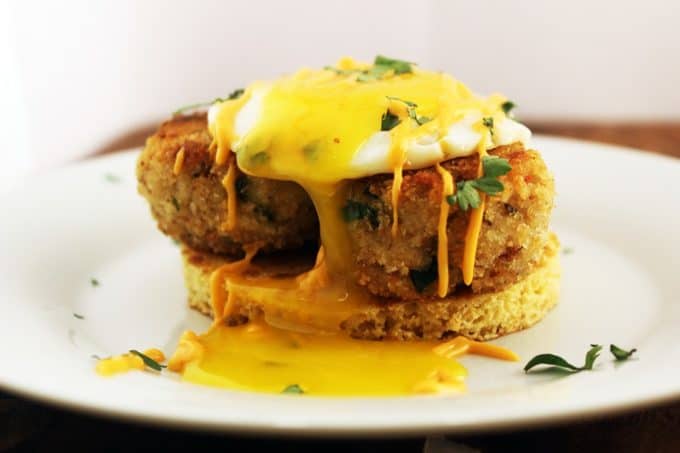 crabcake with over easy egg and cornmeal pancake recipe