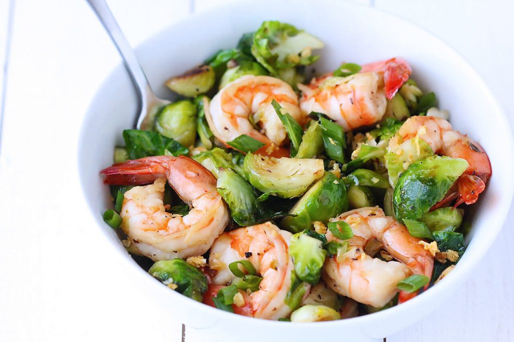 honey sesame shrimp with brussels sprout stir fry recipe