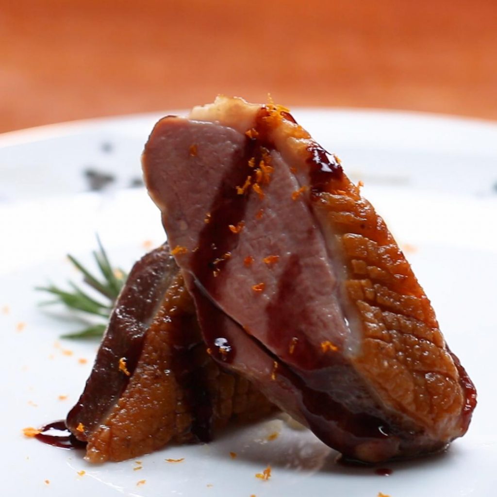 seared duck breast with red wine jus and orange, olive oil mash recipe