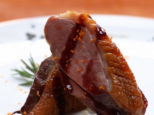 seared duck breast with red wine jus and orange, olive oil mash recipe