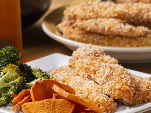 sheet-pan crispy chicken strips and veggies recipe