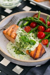 grilled salmon with creamy pesto sauce recipe