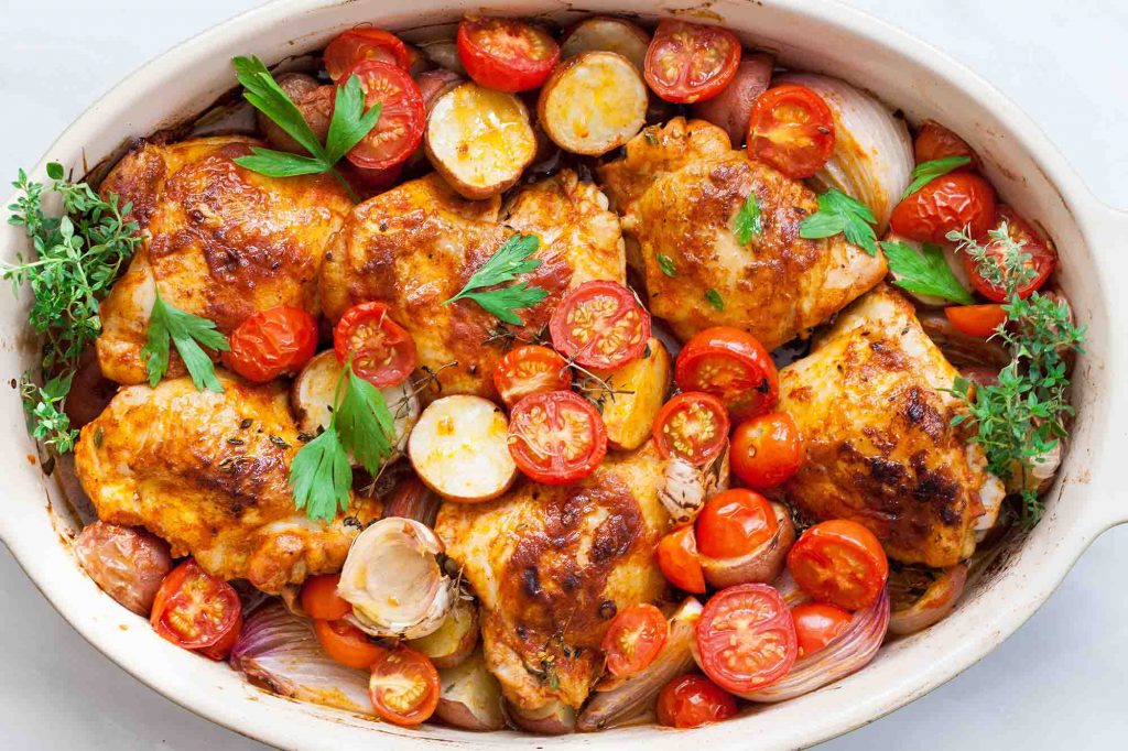one-pan paprika chicken with potatoes and tomatoes recipe