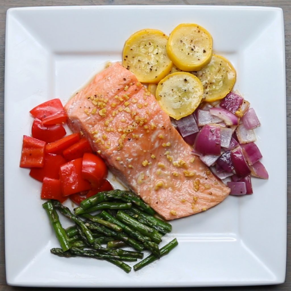 one-pan salmon and rainbow veggies recipe