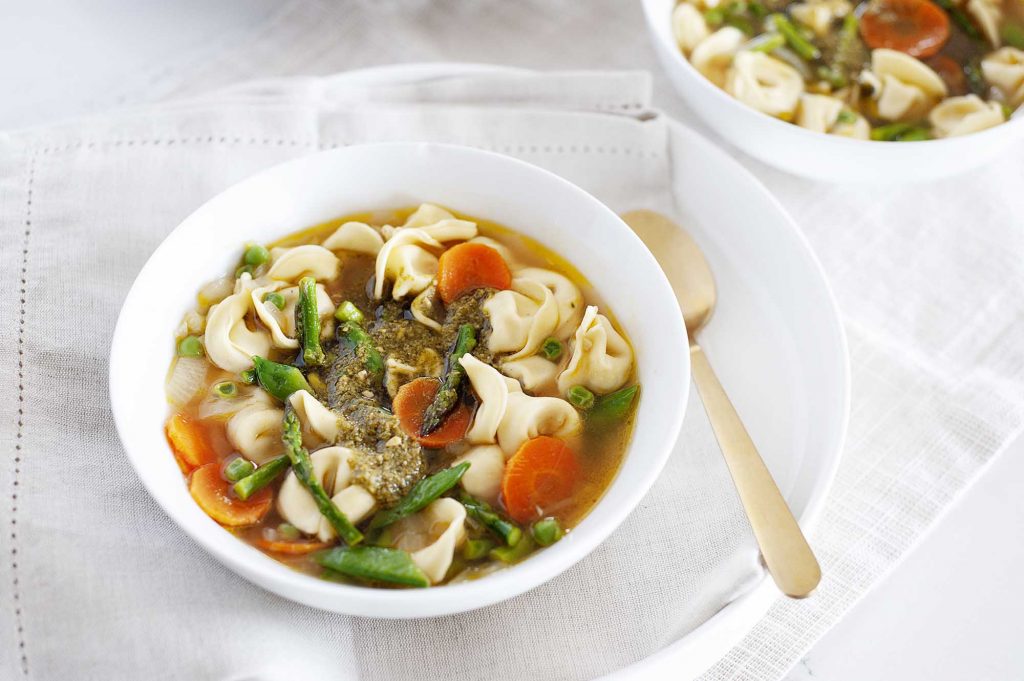 spring vegetable tortellini soup with pesto recipe