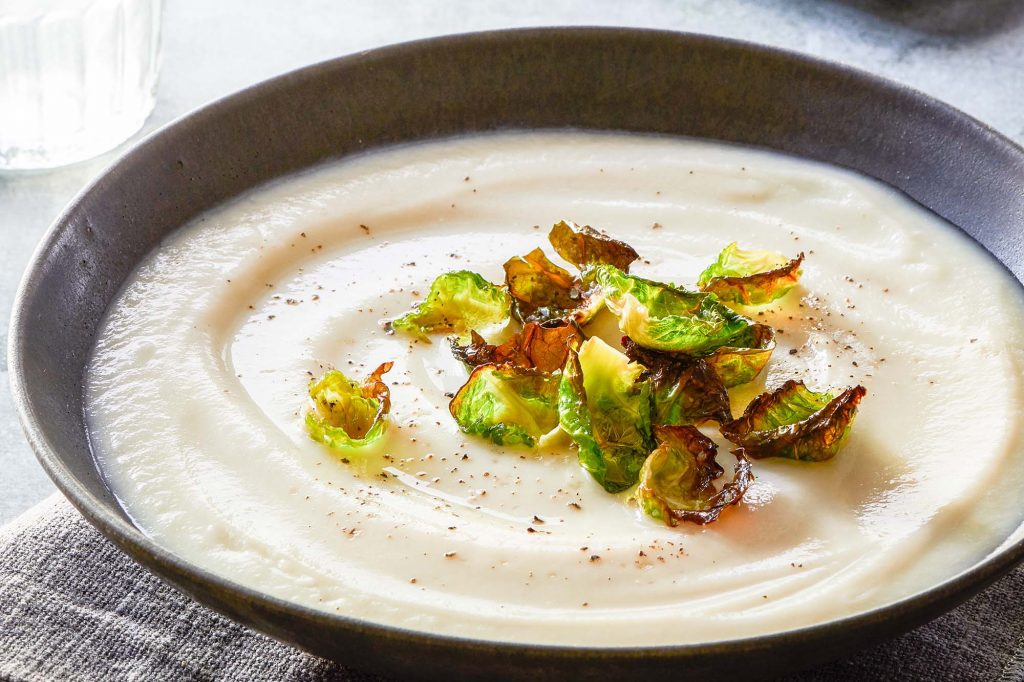 cream of celeriac soup with brussels sprouts chips recipe