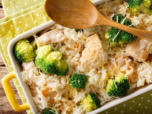 cheesy broccoli, chicken and rice