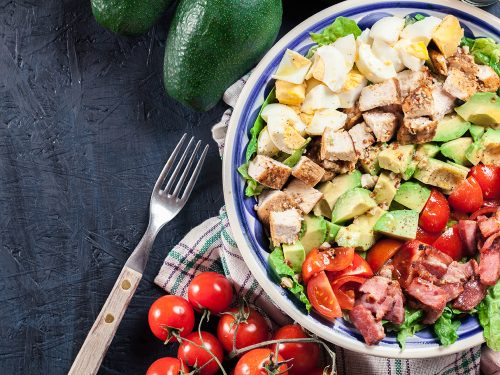 healthy chicken, bacon and avocado salad
