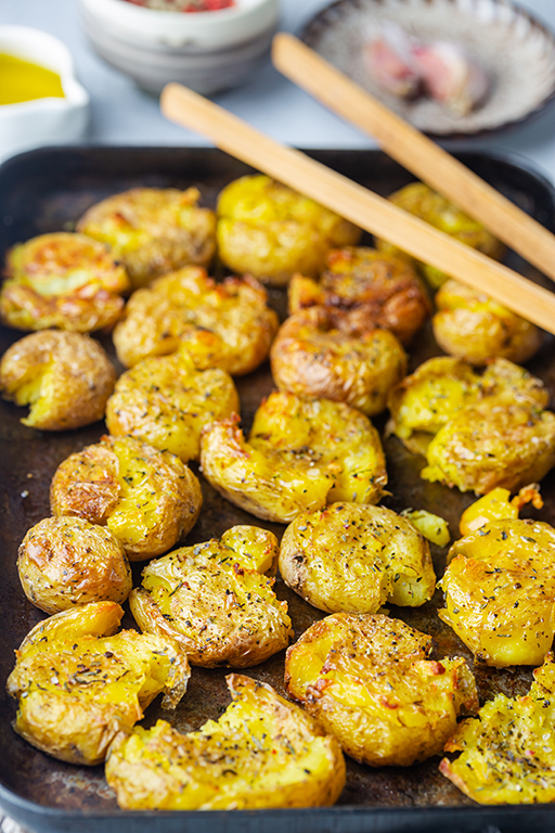 crispy greek lemon smashed potatoes