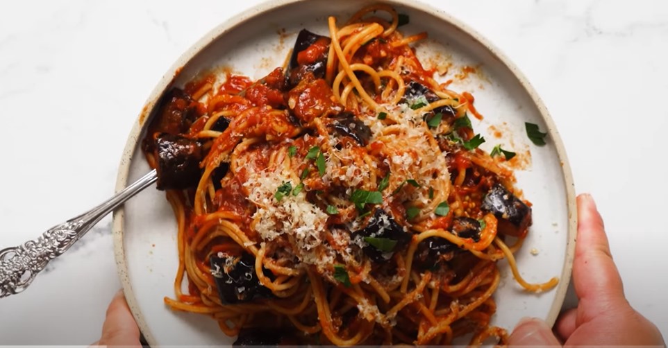 spaghettini with pesto tomatoes and eggplant recipe