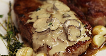 pan seared garlic butter steak mushroom cream sauce recipe