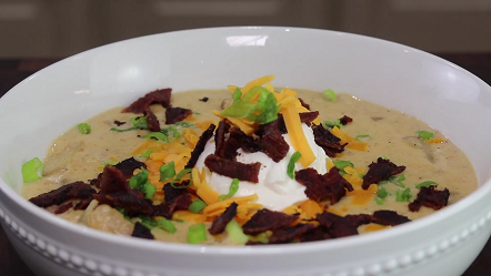 smoky potato soup with bacon croutons recipe