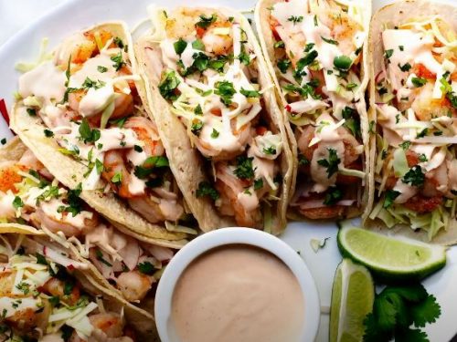 street-style shrimp tacos with corn, bacon and lime crema recipe