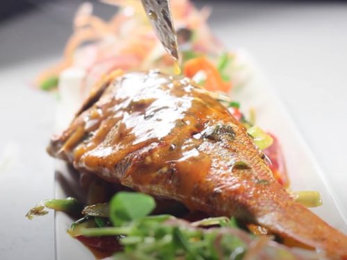 red snapper on rice with red-curry carrot sauce recipe