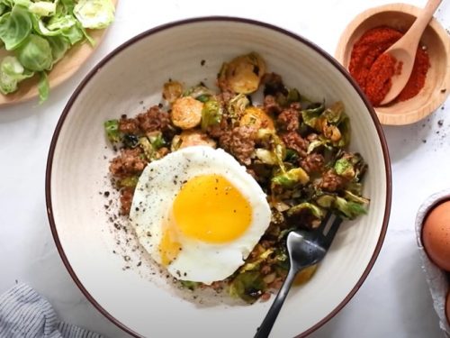 spicy pork brussels bowls recipe