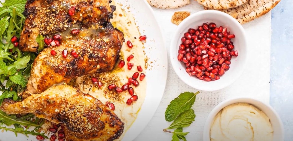 grilled dukkah-crusted chicken with lemon hummus recipe