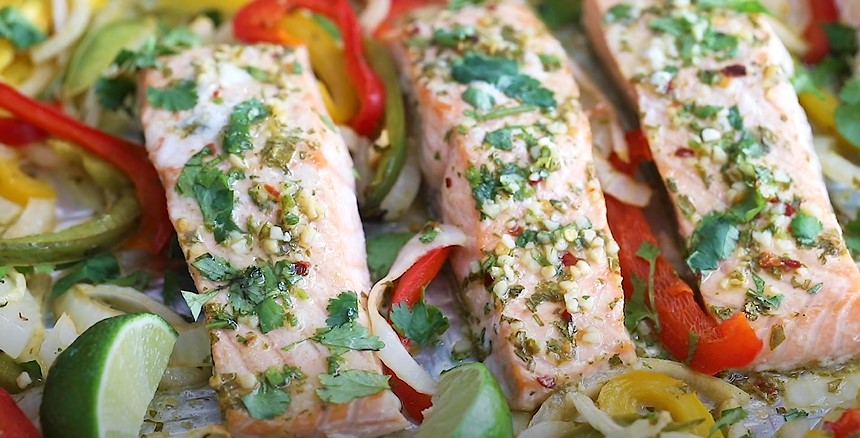 Sheet Pan Garlic Lime Salmon Fajitas Recipe