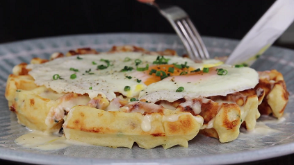 sweet potato waffles with fried egg bacon and scallions recipe