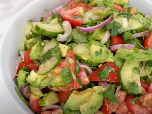 tomato avocado cucumber chickpea salad with feta and greek lemon dressing recipe